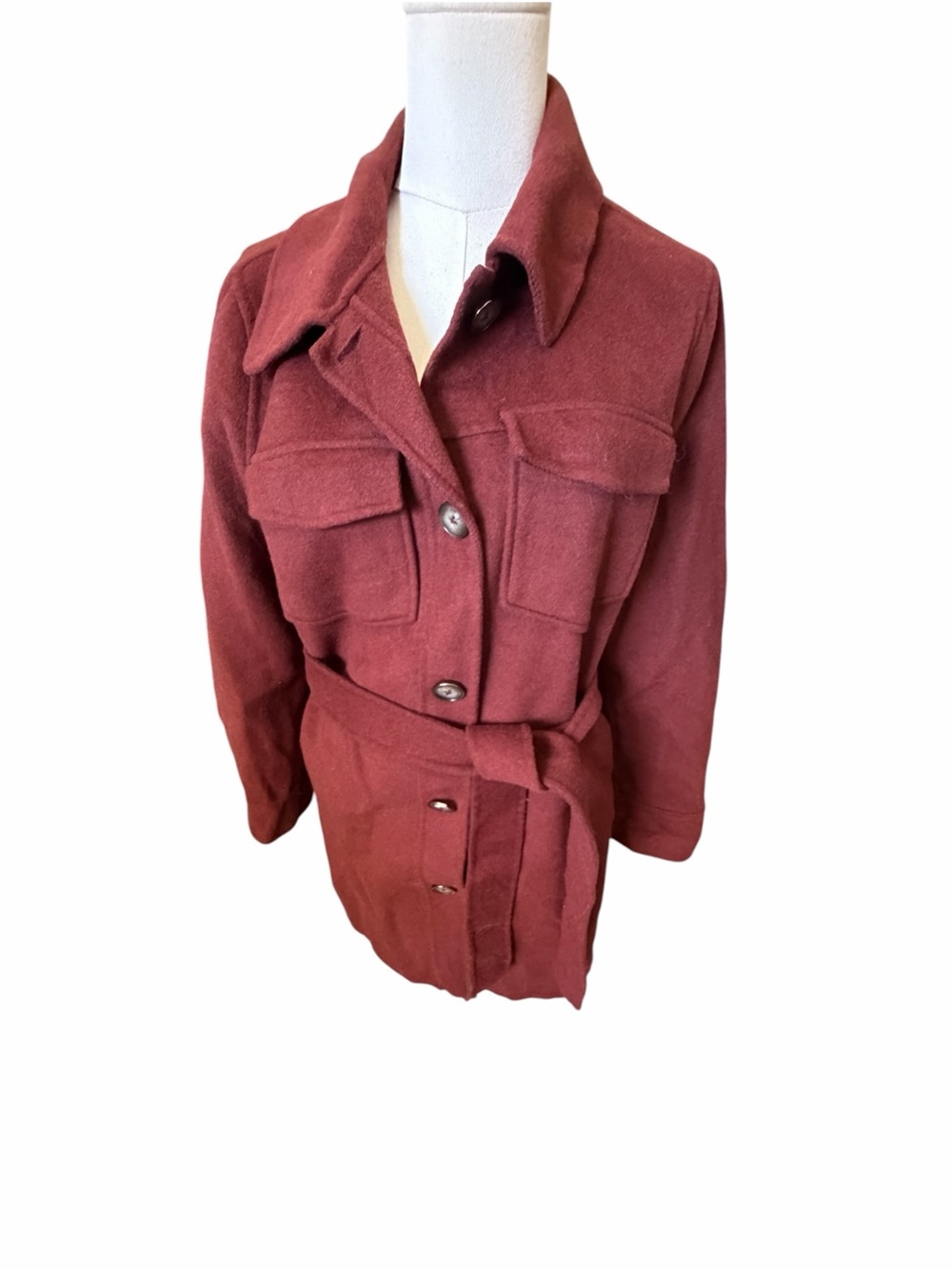 Tahari Womens Belted Wool-Blend Coat Jacket Burgundy Sz Lrg